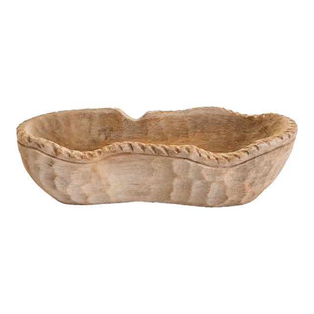 Vintage Hand-Carved Wood Dough Bowl with Scalloped Edge For Sale