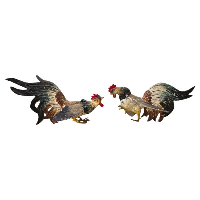 Antique Painted Metal Rooster Decorative Figurines, 1920s, Set of 2 For Sale