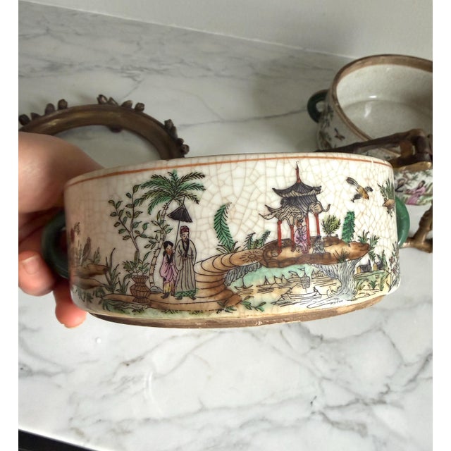 Vintage Chinoiserie Famille Rose Crackled Ceramic Stacking Lunch Box 12"x6.25" For Sale - Image 9 of 18