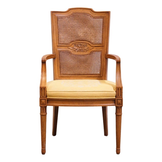 Henredon Furniture Walnut Italian Mediterranean Cane Back Dining Arm Chair For Sale