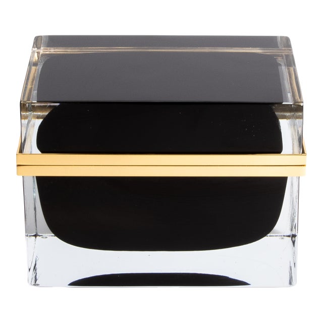 Hand Blown Murano Box in Onyx Black With Brass Fittings For Sale