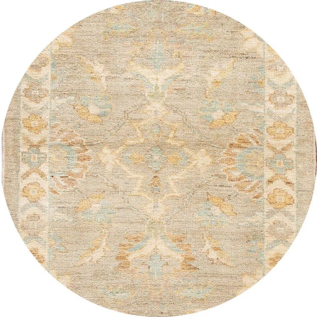 Beautiful contemporary Sultanabad runner rug, hand knotted wool with a tan field, light blue and ivory accents an all-over...