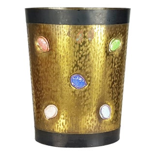 Mid-Century Italian Black Metal Engraved Brass and Ceramic Umbrella Stand, 1950s For Sale