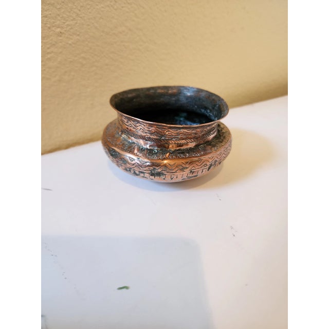 Traditional Small Antique Safavid 18th Century Copper Bowl Hammered and Inscribed For Sale - Image 3 of 7