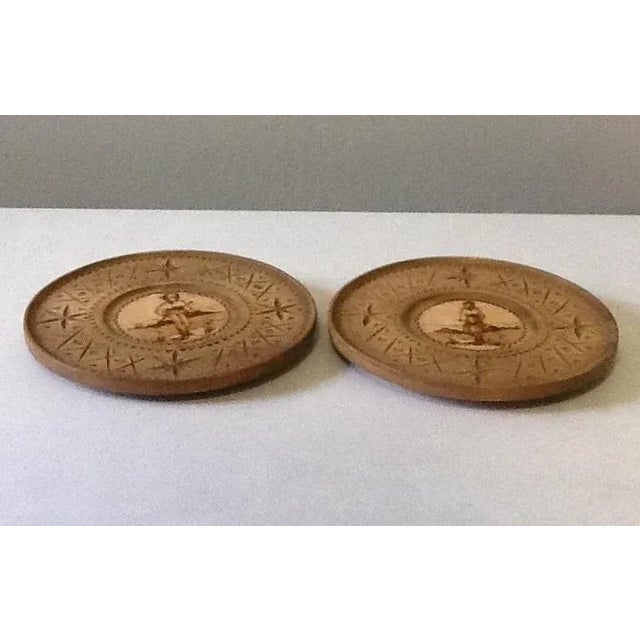 Rustic European 8" Burned & Carved Wood Decorative Plates - A Pair For Sale - Image 3 of 10