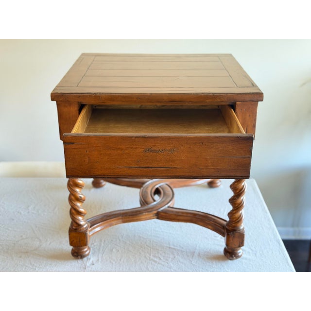 French 18th C. Charles II Style Barley Twist Spanish Revival Side Table With One Drawer Solid Walnut Wood in Style of Theodore Alexander / Eddie Bauer For Sale - Image 10 of 12