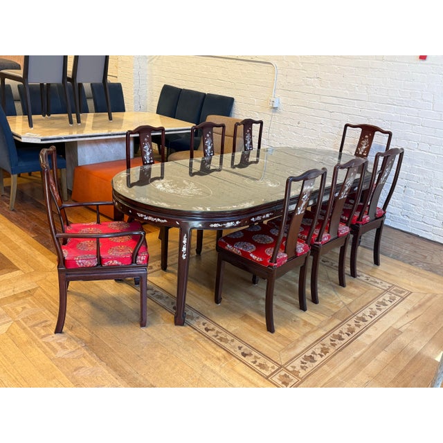 Auburn Vintage Qing Style Rosewood Dining Table + Chairs With Mother of Pearl Inlays, Set For Sale - Image 8 of 12