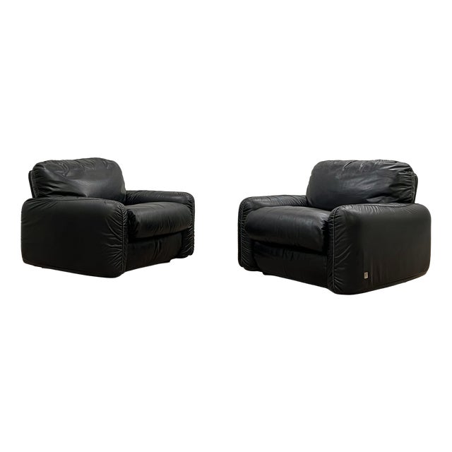 Italian Black Leather Lounge Armchairs by Busnelli Piumotto, 1970s, Set of 2 For Sale