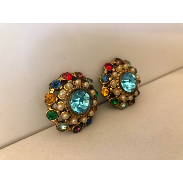 Glass Vintage Mexican Colored Crystal and Petit Point Pearl Cluster Earrings - 2 Pieces For Sale - Image 7 of 8