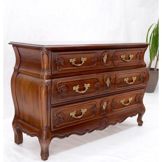 Bombe Country French Carved Cherry 3 Drawer Dresser Brass Hardware Pulls For Sale - Image 4 of 12