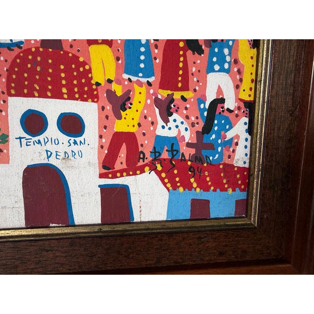 Vintage “Templo San Pedro” Folk Art Oil on Canvas Painting, Signed A. R. Dalma, Wood Framed For Sale - Image 10 of 12