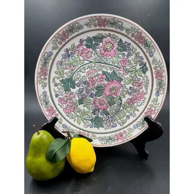 Vintage Large Pink Floral Decorative Plate For Sale - Image 17 of 18