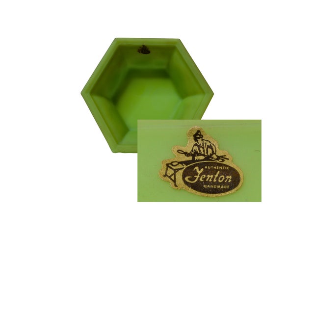 Chrysanthemum planter in lime-green custard satin glass. Hexagon uranium glass bowl with six feet glows under UV black light.