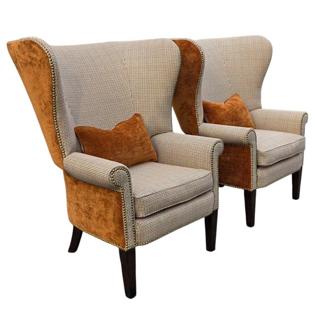 This Pair of vintage Ralph Lauren Kerry wing chairs has been recently reupholstered in a sumptuously gorgeous neutral...