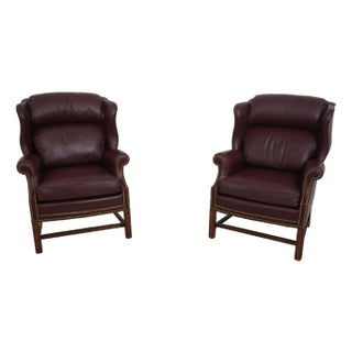 Pair Hancock & Moore Burgundy Leather Wing Chairs For Sale