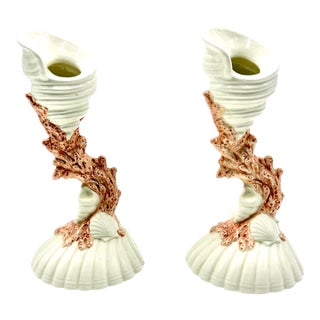 Vintage Italian Porcelain Shell and Coral Candlesticks - A Pair For Sale