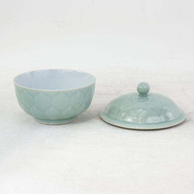 Chinese Vintage Chinese Celadon Green Lotus Flower Carved Porcelain Covered Bowl For Sale - Image 3 of 13
