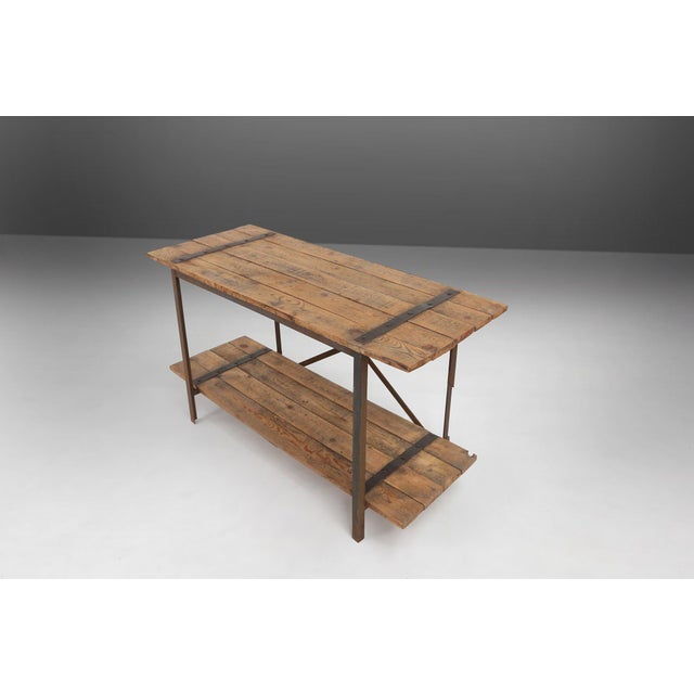 Industrial Industrial Side Table with Metal Frame, Wooden Top and Removable Platform, Belgium, 1920s For Sale - Image 3 of 15