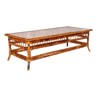 Vintage Brighton Pavilion Scorched Bamboo Coffee Table With Glass Top For Sale