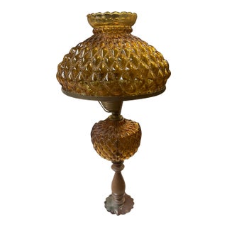 1970s Fenton Amber Glass Hurricane Lamp on Marble Square Base For Sale