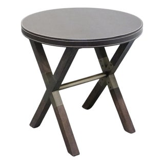 Bernhardt Furniture Clarendon Collection Contemporary 26" Round X-Frame Accent Table W. Leather Wrapped Top 377-125 For Sale