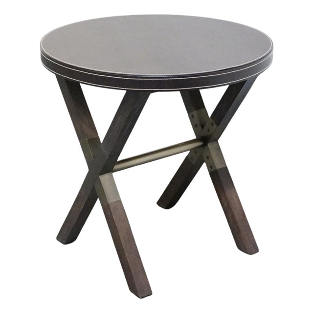 Bernhardt Furniture Clarendon Collection Contemporary 26" Round X-Frame Accent Table W. Leather Wrapped Top 377-125 For Sale