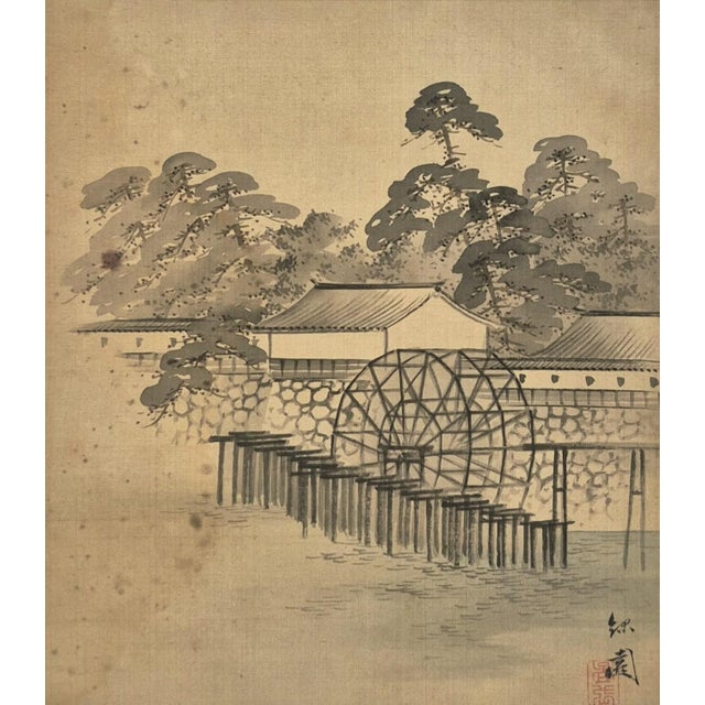 Textile Set of 4 Antique Japanese Paintings of Landscapes, Temple and Country Scenes – Newly Framed For Sale - Image 7 of 9