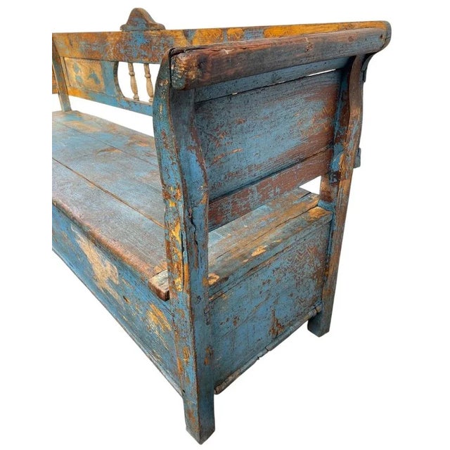 Farmhouse Early 1900's Wooden Bench Seat With Storage Seat and Original Aged Patina Paint For Sale - Image 3 of 5