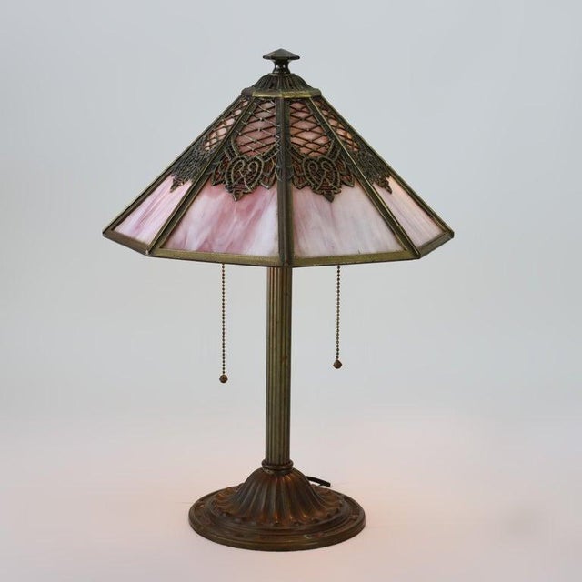 Antique Bradley & Hubbard School Arts & Crafts 8 Panel Slag Glass Lamp C1920 For Sale - Image 10 of 18