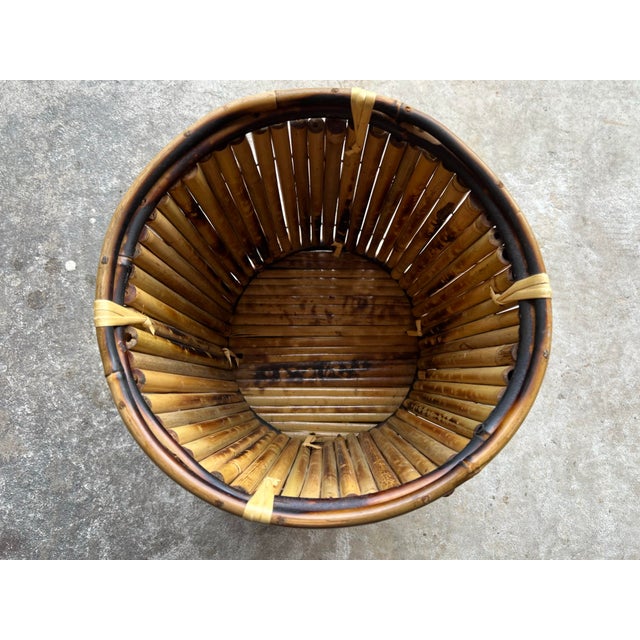 Wood Vintage Late 20th Century Scorched Bamboo Wastebasket For Sale - Image 7 of 11