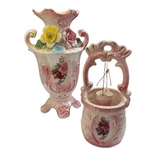 Set of 2, Vintage Capodimonte-Style Pink Floral Porcelain Vase & Wishing Well Set For Sale