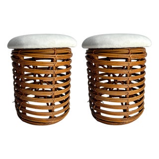 Vintage Italian Stools in Rattan and Bamboo by Tito Agnoli, 1960s, Set of 2 For Sale
