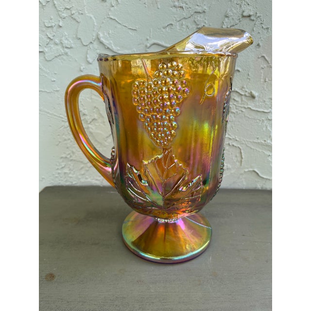 Indiana Glass Company 1970s Indiana Vintage Marigold Carnival Glass “Harvest Grape” Pitcher & 8 Tumbler Set For Sale - Image 4 of 7
