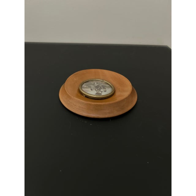Mid 20th Century Vintage Spanish Pastoral Wall Plaque, Wood Framed Medallion With Metal Inset, Figural Scene, 4.875" Round For Sale - Image 5 of 7