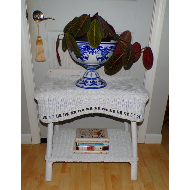 Vintage White Draped Wicker Rattan Sculpted Beaded Coffee Table Plant Stand For Sale - Image 18 of 18