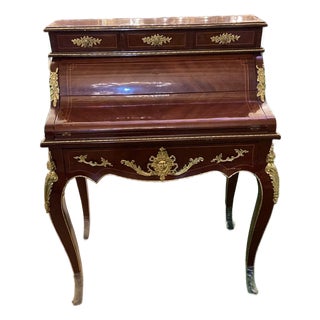 1960s French Louis XV Secretary Desk Hand-Painted Mahogany Bureau Plat 6 drawers Mahogany For Sale