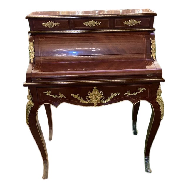 1960s French Louis XV Secretary Desk Hand-Painted Mahogany Bureau Plat 6 drawers Mahogany For Sale