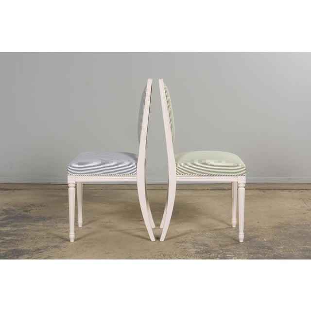 French Louis XVI Style Painted Dining Chairs in Blue & Green Stripe, Set of 6 For Sale - Image 14 of 18