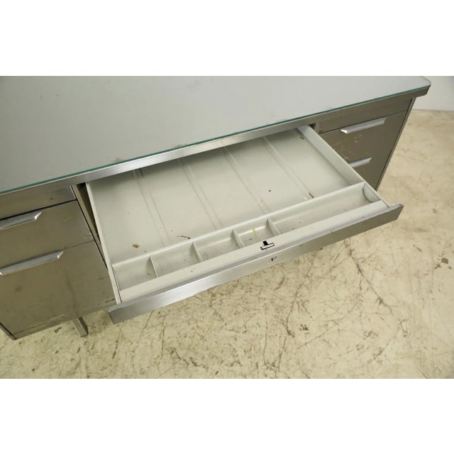 Silver Vintage Industrial Steel Office Desk With Glass Top For Sale - Image 8 of 12