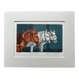 Original Impressionist Wood Block Print Entitled ‘Three Burrows’ by French Artist Arlette Malivernier For Sale