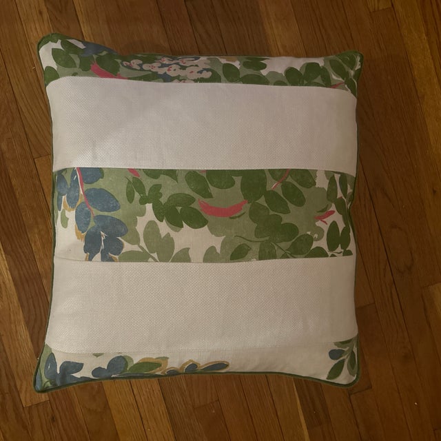 Handcrafted pillowcase, Thibaut Central Park green floral linen, off white stripes and back solid linen. With green...