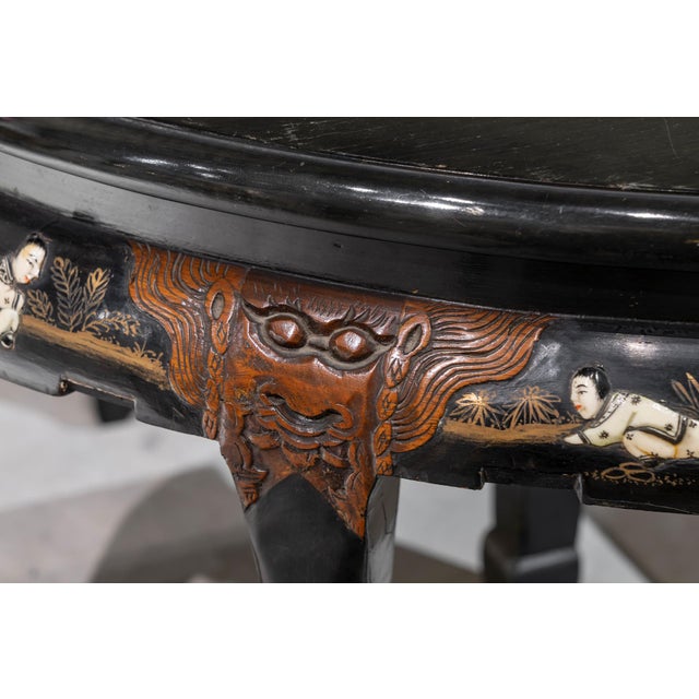 Vintage Chinese Tables in Black Lacquered Wood with Carvings, 1950s, Set of 6 For Sale - Image 6 of 9