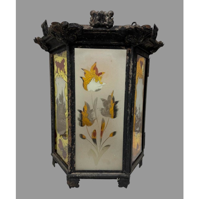 Antique Victorian Reverse Painted & Etched Glass Hanging Lantern In very nice original condition showing some typical age-...