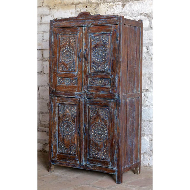 Antique Floral Carved Armoire – Distressed Blue Cabinet With Brass Stud Detailing 70x36 For Sale - Image 4 of 7