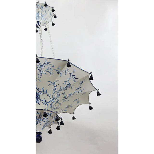 White Vintage Two Tiers Upside Down Umbrella Ceiling Chandelier With Bells, White/ Blue in Arabasic Design Style For Sale - Image 8 of 10