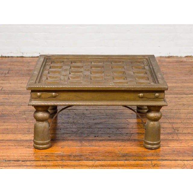 Wood Indian Geometric Top Brass Sheathing Window Grate Made into a Coffee Table For Sale - Image 7 of 13