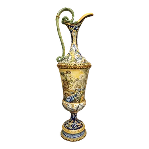 A Tall and Slender Antique Hand Painted Italian Majolica Ewer, Naples Circa 1870