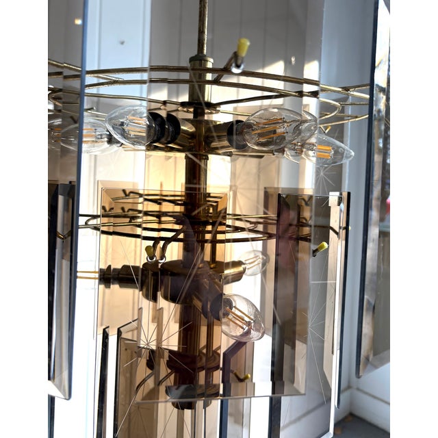 1970s Smoky Glass Pane & Brass Chandelier For Sale - Image 4 of 5