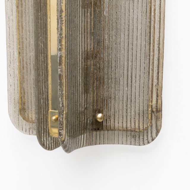 Curved Smoked Ribbed Murano Glass and Brass Wall Sconces, 2000, Set of 2 For Sale - Image 6 of 9