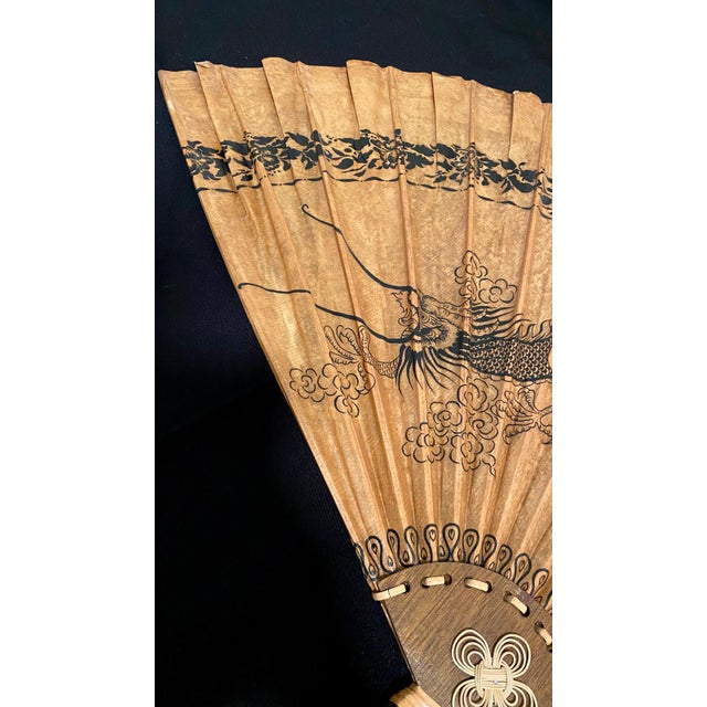 Large Pair Vintage Chinese Dragon Wall Fans 37"l X 23"h - Set of 2 Hand Painted Bamboo Fan | Oriental Decor For Sale In Las Vegas - Image 6 of 17